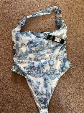 Fashion Nova Blue and White Printed One-Piece Swimsuit